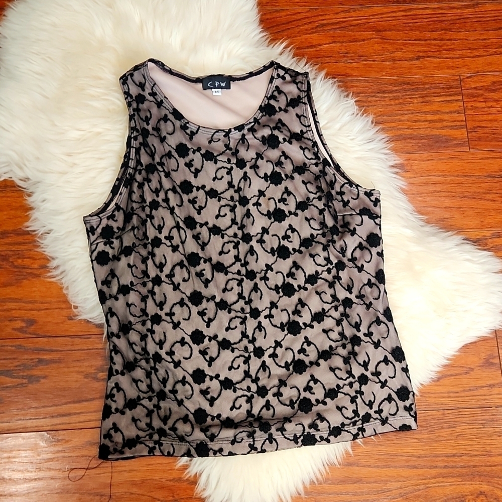 C.P.W. Black Nude and Black Lace Vintage Y2k Fitted Tank Top